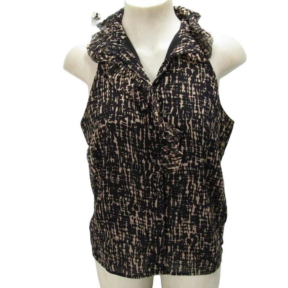 NEW LELA ROSE Women's Silk Ruffle Blouse Brown/Black Size 8